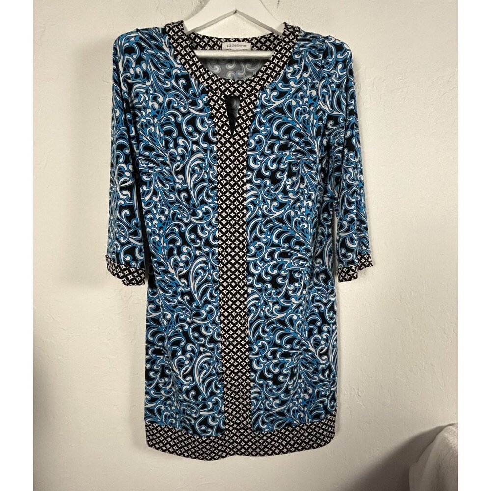 Liz Claiborne Womens Blue Black Printed 3/4 Sleeve Shift Dress Medium Stretch